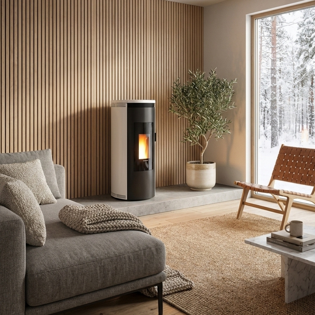 Poêle à granulés Amika 8 kW design cylindrique beige et noir installé dans un salon moderne scandinave