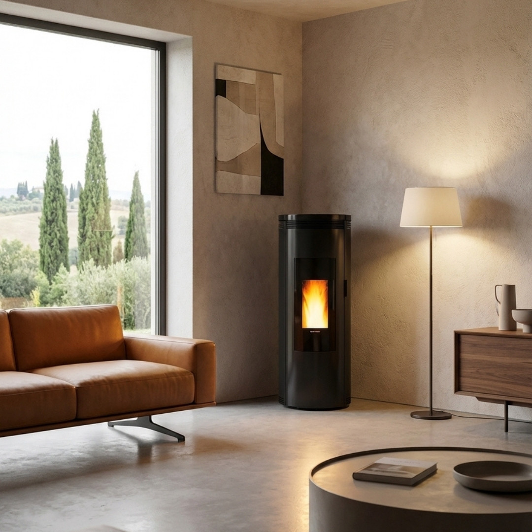 Poêle à granulés Amika 8 kW design noir en situation dans un salon contemporain avec flamme allumée