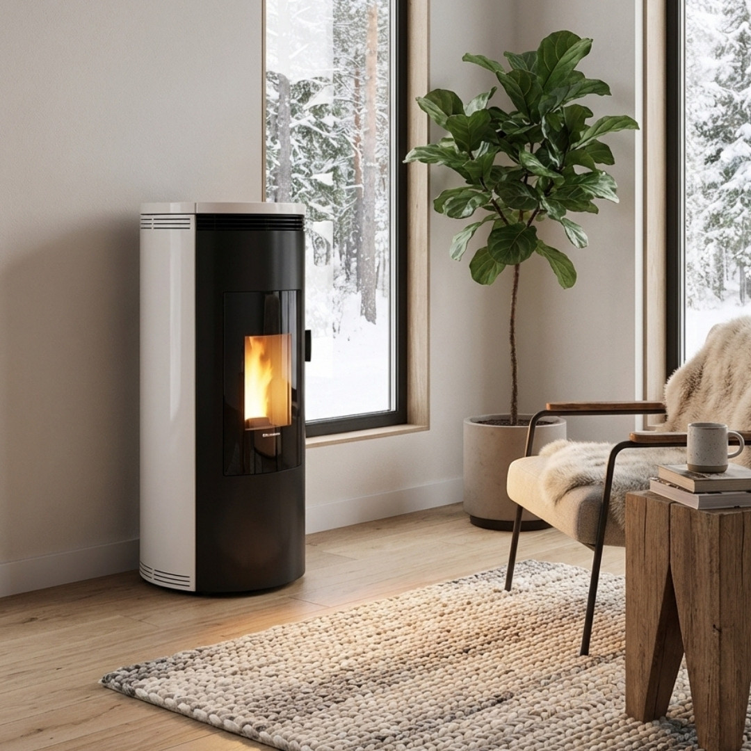 Poêle à granulés Amika 8 kW blanc et noir en situation dans un salon moderne avec vue enneigée