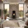 Poêle à granulés Amika noir cylindrique 8 kW installé dans salon moderne avec mur en pierre
