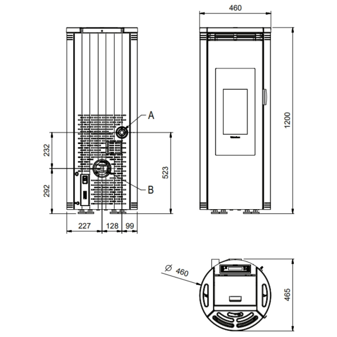 Plan technique côté et dimensions du poêle à granulés Amika 8 kW