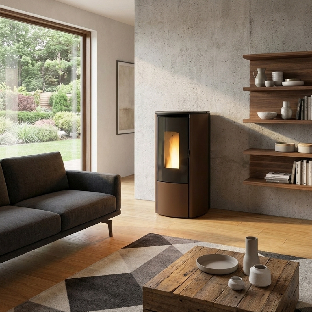 Poêle à granulés Katia 9 kW finition marron installé dans un salon moderne avec flamme allumée