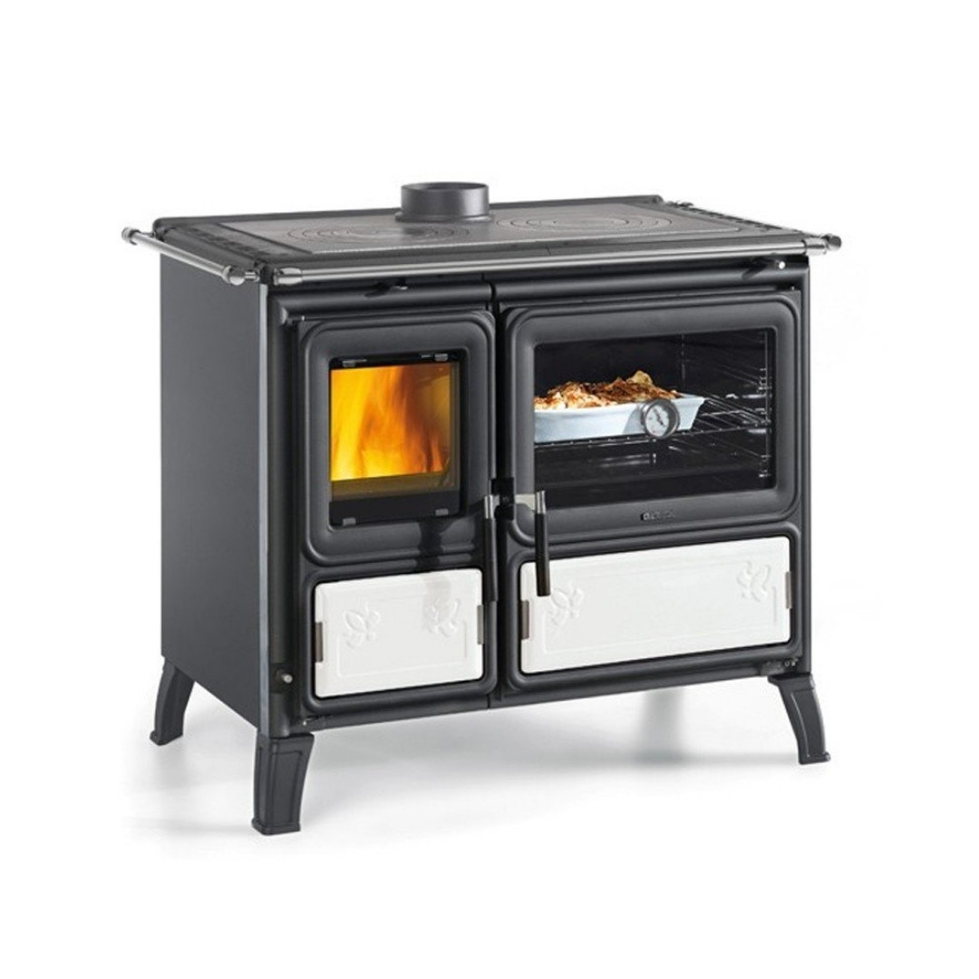 Cuisinière à bois Milly noire et blanche avec four et foyer vitré, puissance 9.2 kW