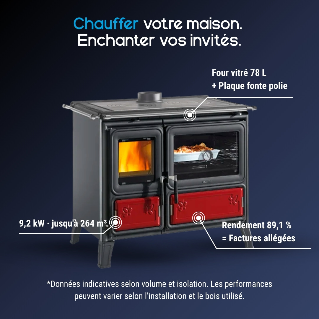 Cuisinière à bois noire et rouge avec four vitré 78L, plaque fonte polie et rendement 89,1%