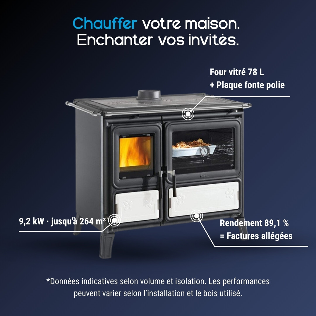 Cuisinière à bois Milly en fonte grise avec four vitré 78L et plaque de cuisson polie, puissance 9,2 kW