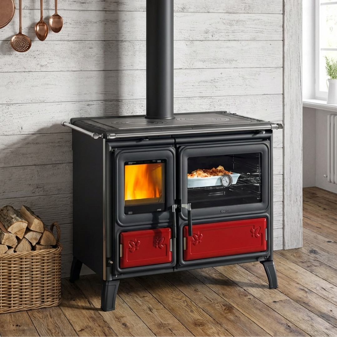 Cuisinière à bois Milly en acier noir avec four et détails rouges, installée dans une cuisine rustique