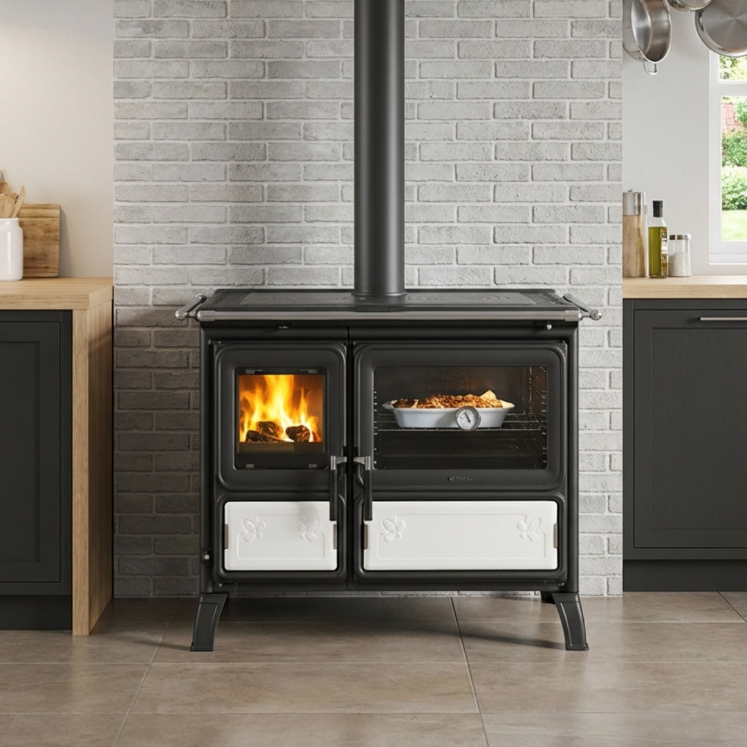 Cuisinière à bois noire avec four et foyer vitré, puissance 9.2 kW, installée dans une cuisine moderne