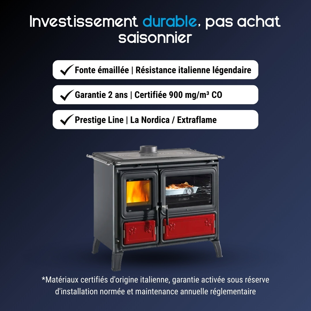 Cuisinière à bois Milly en fonte émaillée noire et rouge avec four et foyer vitré, puissance 9.2 kW