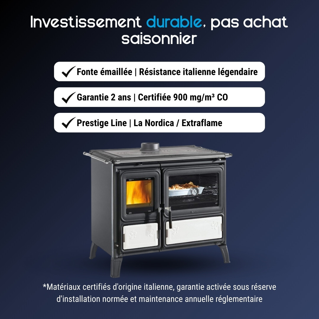 Cuisinière bois Milly fonte émaillée grise et blanche avec four, foyer vitré et plaque de cuisson 9.2 kW