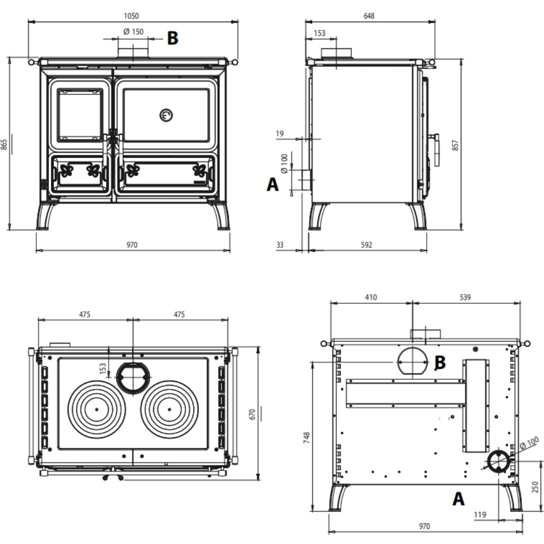 Plan technique de la cuisinière à bois Milly avec dimensions et vues face, profil, dessus et arrière