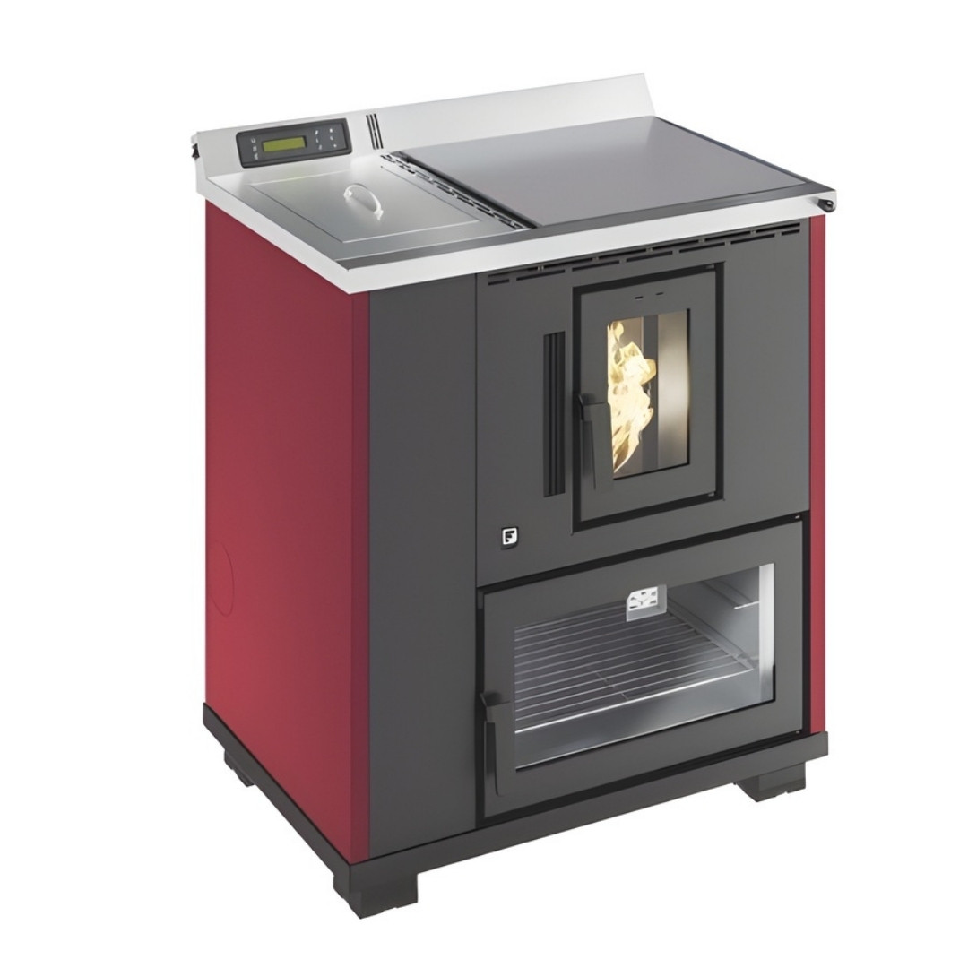 Cuisinière à pellets Desy bordeaux et grise avec plaques de cuisson, four vitré et panneau de contrôle digital