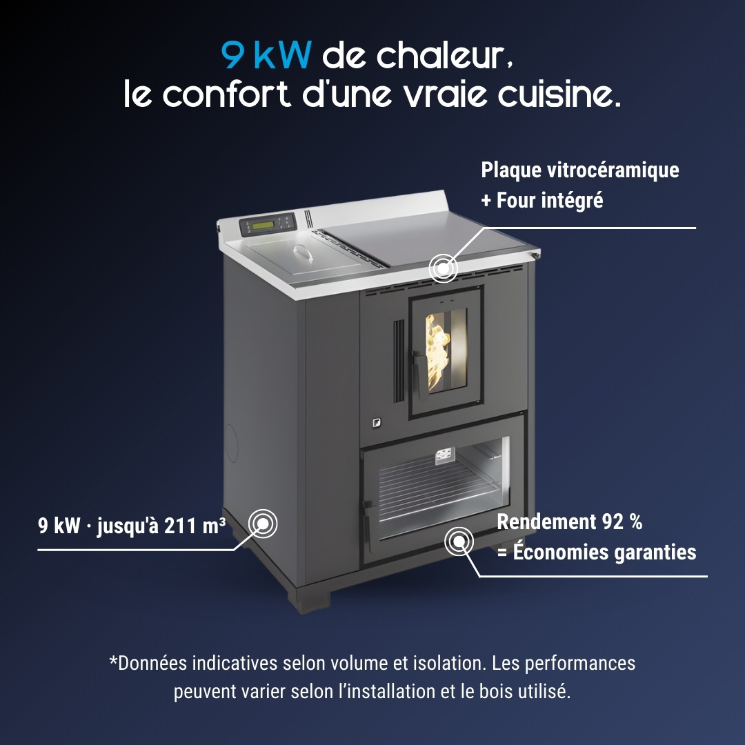 Cuisinière à granulés Desy 9 kW avec plaque vitrocéramique, four intégré et rendement de 92%