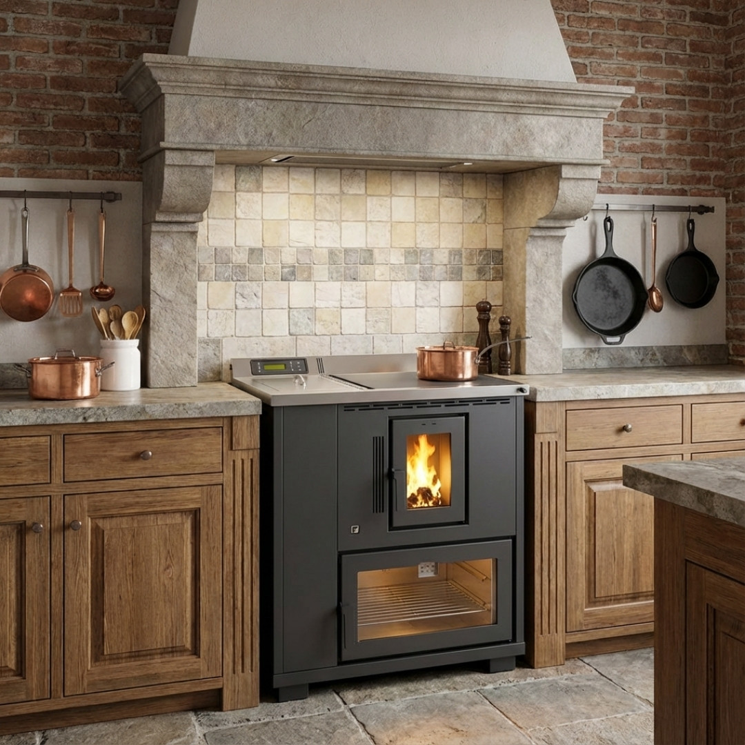 Cuisinière à granulés Desy 9 kW grise avec four intégré dans cuisine rustique avec flamme visible