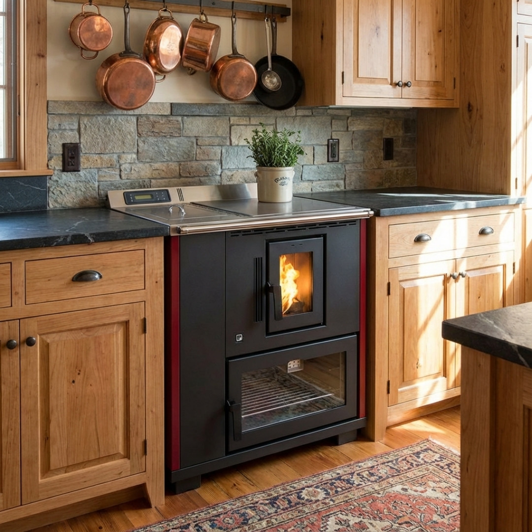Cuisinière à granulés Desy 9 kW anthracite et rouge intégrée dans une cuisine rustique avec four vitré