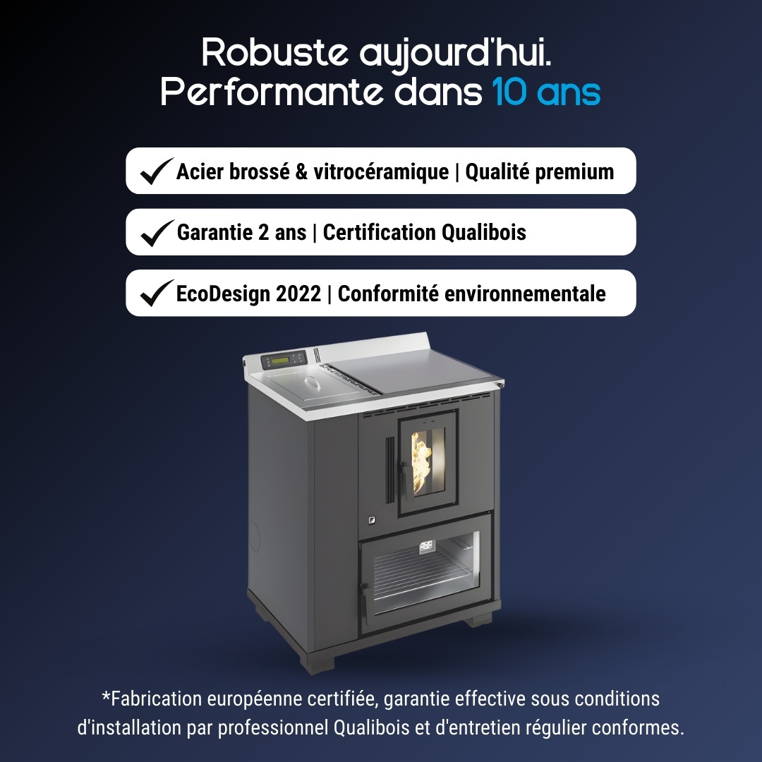 Cuisinière à granulés Desy grise avec plaque de cuisson et four, certification Qualibois EcoDesign 2022