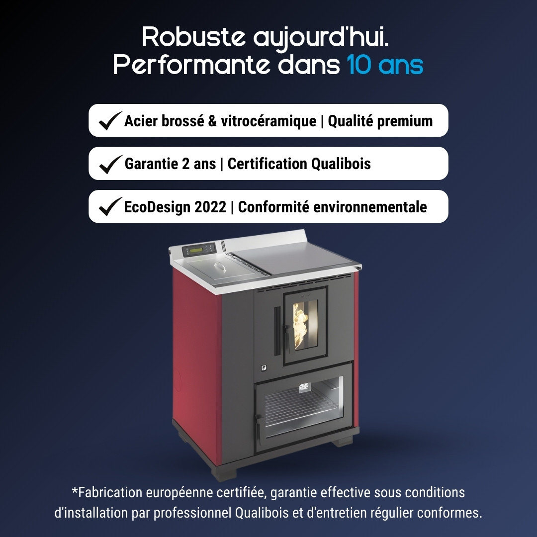 Cuisinière à pellets Desy rouge et anthracite avec plaque de cuisson, vitre feu et certification EcoDesign 2022
