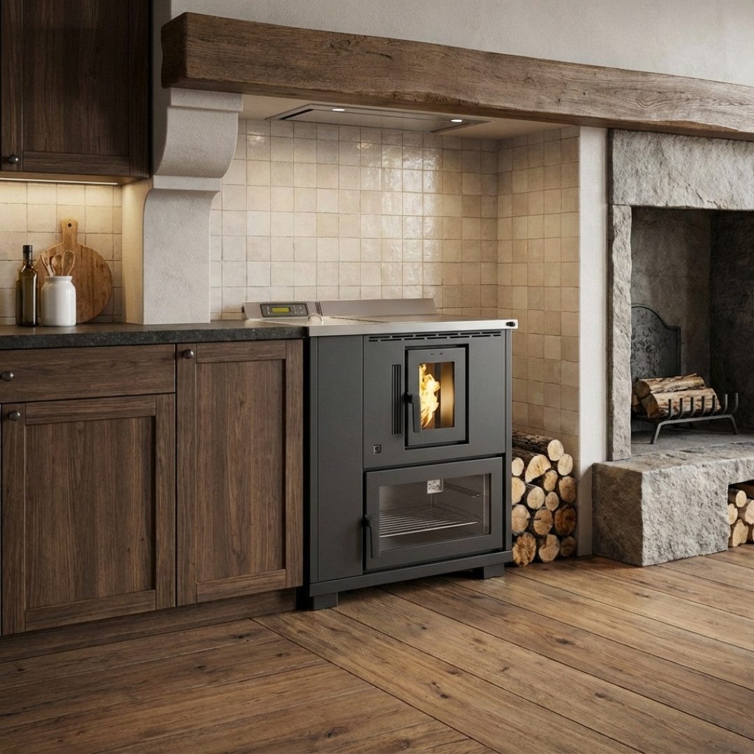 Cuisinière granulés bois Desy 9 kW anthracite avec four intégré dans cuisine rustique