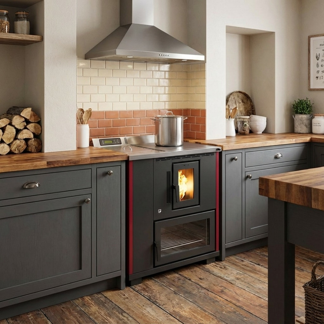 Cuisinière à granulés Desy 9 kW avec four intégré dans une cuisine moderne au style campagne chic
