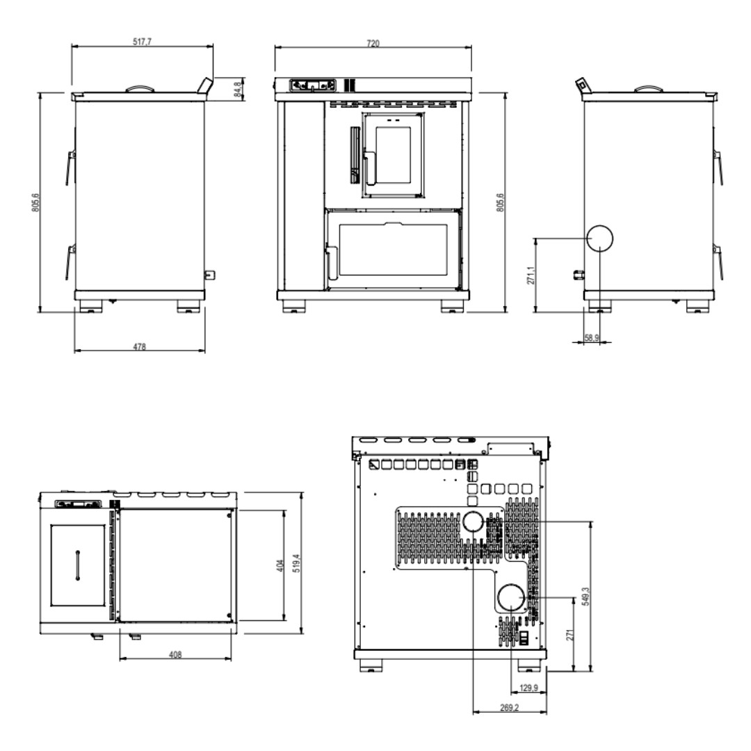 Plan technique et dimensions de la cuisinière à granulés Desy 9 kW avec vues face, côtés et dessus