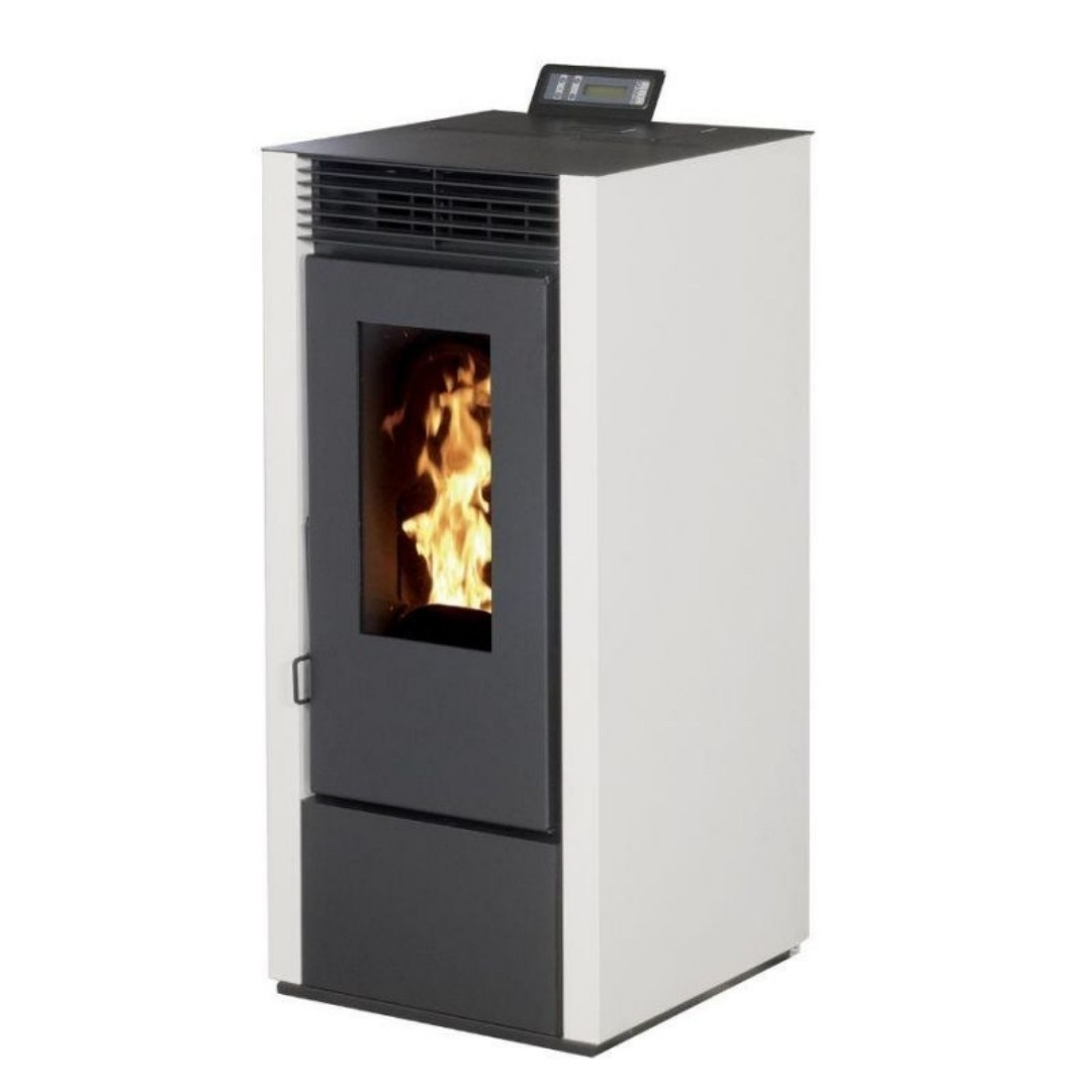 Poêle à granulés Marina 14C blanc et gris anthracite avec panneau de contrôle, puissance 13,5 kW