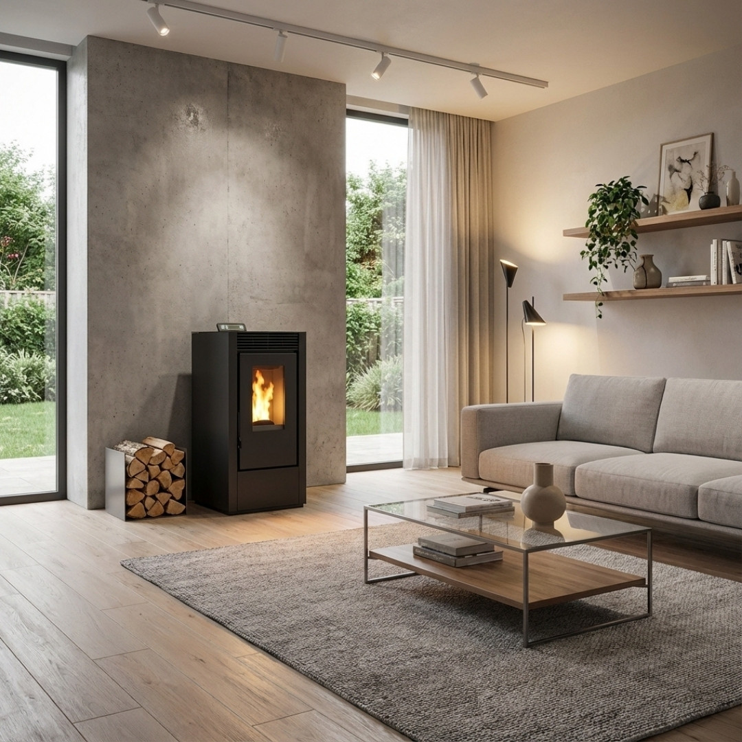 Poêle à granulés Marina 14C noir 13,5 kW installé dans un salon moderne avec flammes visibles