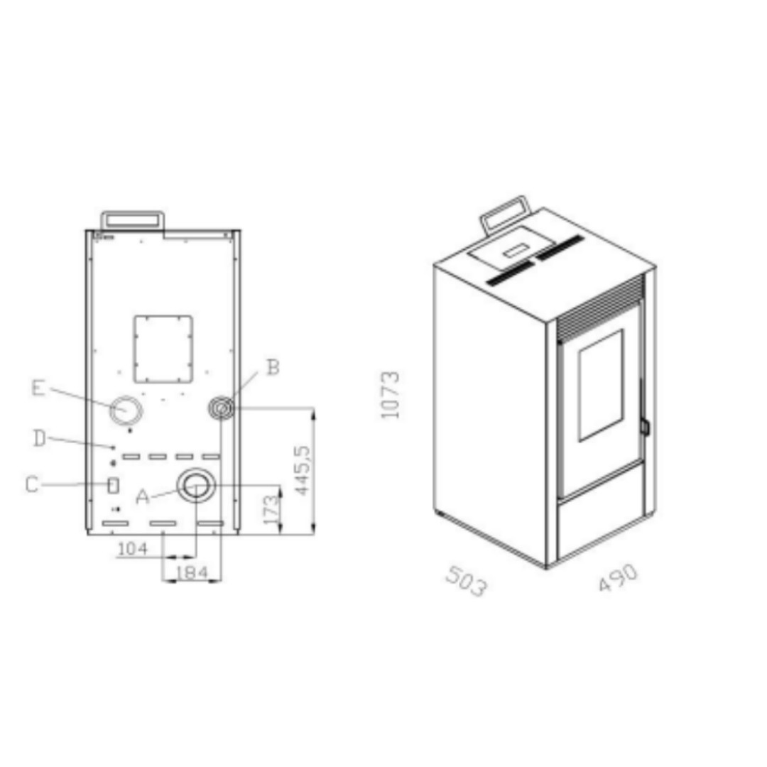 Schéma technique et dimensions du poêle à granulés étanche canalisable Marina 14C de 13,5 kW
