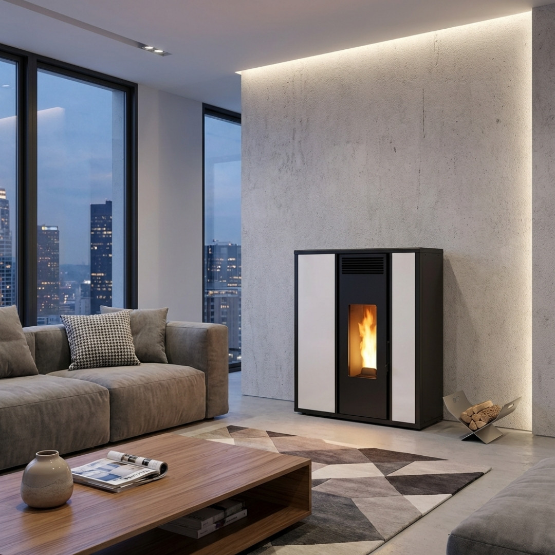 Poêle à granulés Tessa 10 design noir et blanc installé dans un salon moderne avec vue urbaine