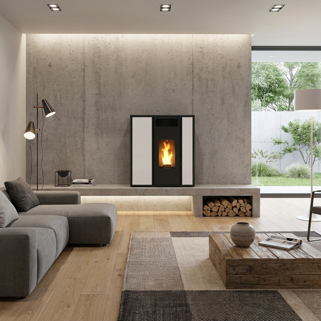Poêle à granulés Tessa 10 design bicolore blanc et noir installé dans un salon contemporain