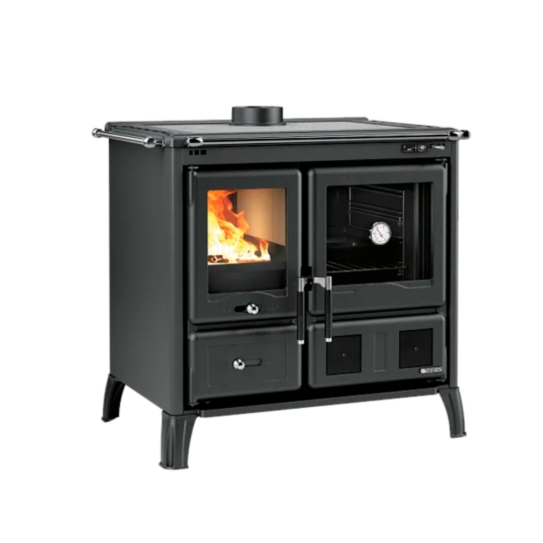 Cuisinière bois noir Gardenia avec four et foyer vitré, puissance 9.5kw, design traditionnel sur pieds