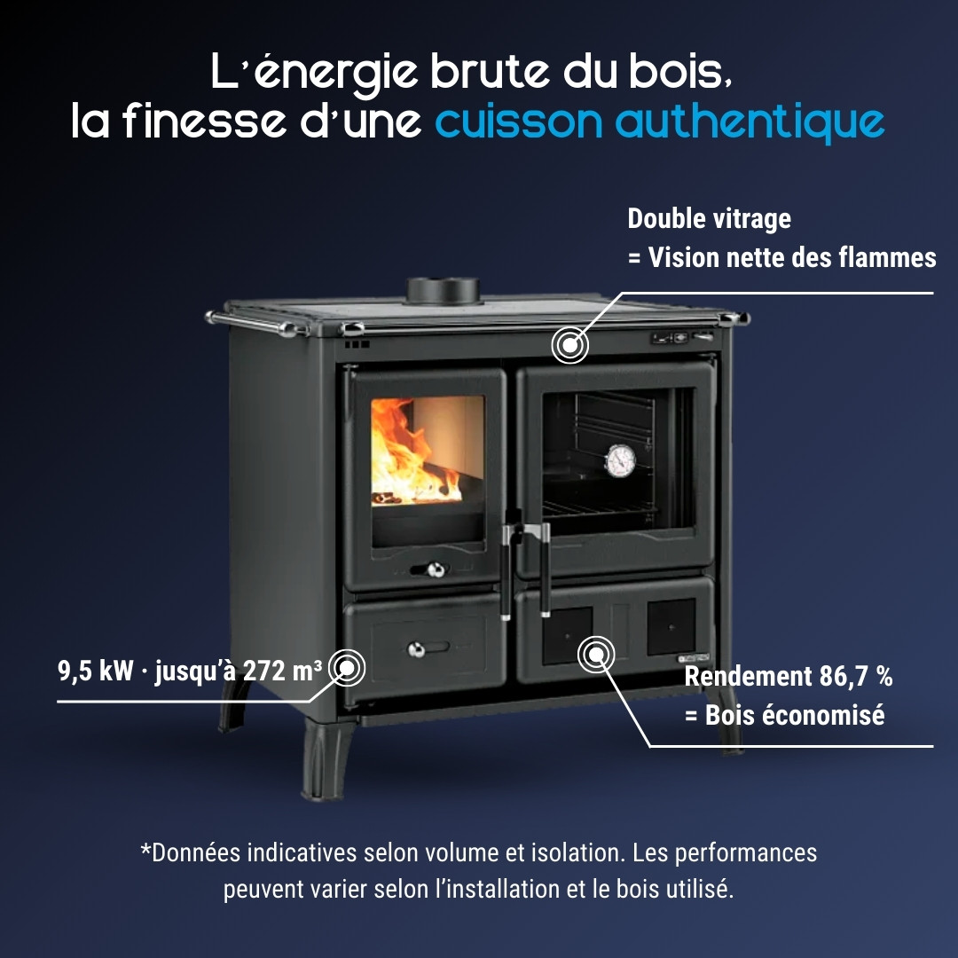 Cuisinière bois Gardenia noire avec four, double vitrage et rendement 86,7%, puissance 9,5 kW