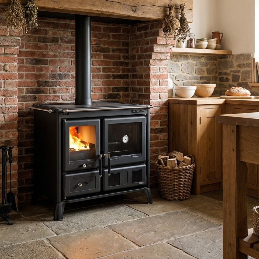 Cuisinière à bois Gardenia noire avec four installée dans une cuisine rustique avec feu allumé