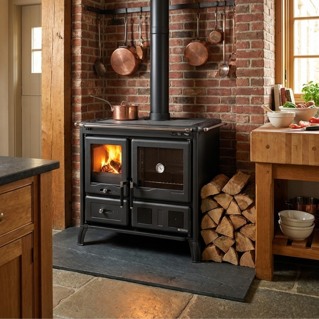Cuisinière à bois Gardenia noire avec four et foyer allumé installée dans une cuisine rustique avec conduit