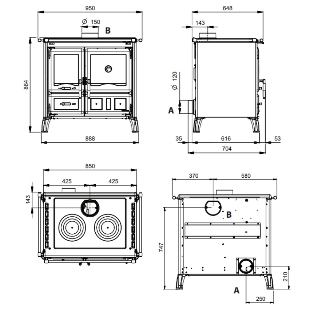 Plan technique et dimensions de la cuisinière à bois Gardenia 5.0 avec cotes d'installation