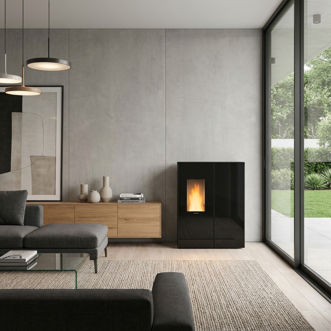 Poêle à granulés étanche Sharon Plus CX noir 10 kW installé dans un salon moderne avec baie vitrée