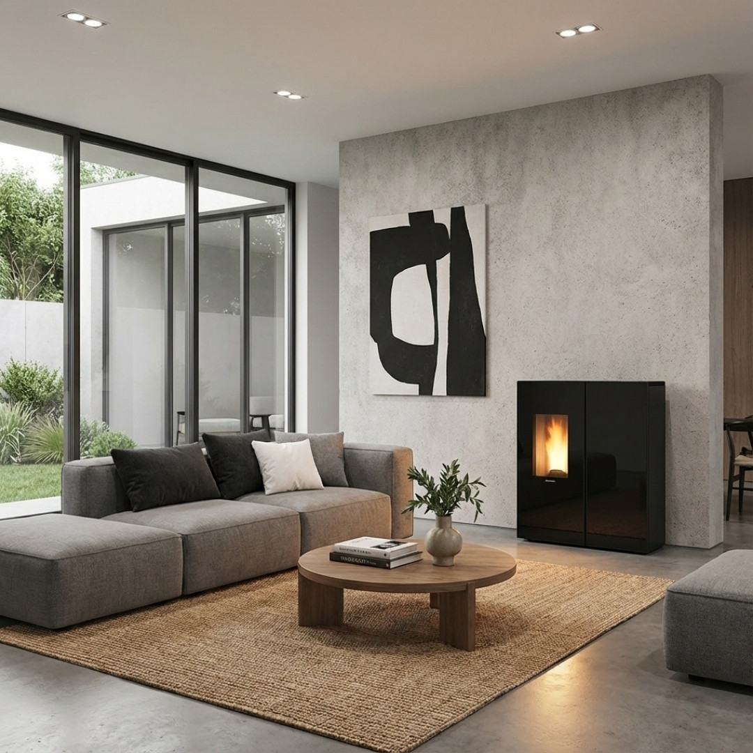 Poêle à granulés Sharon Plus CX noir design installé dans un salon contemporain avec feu allumé