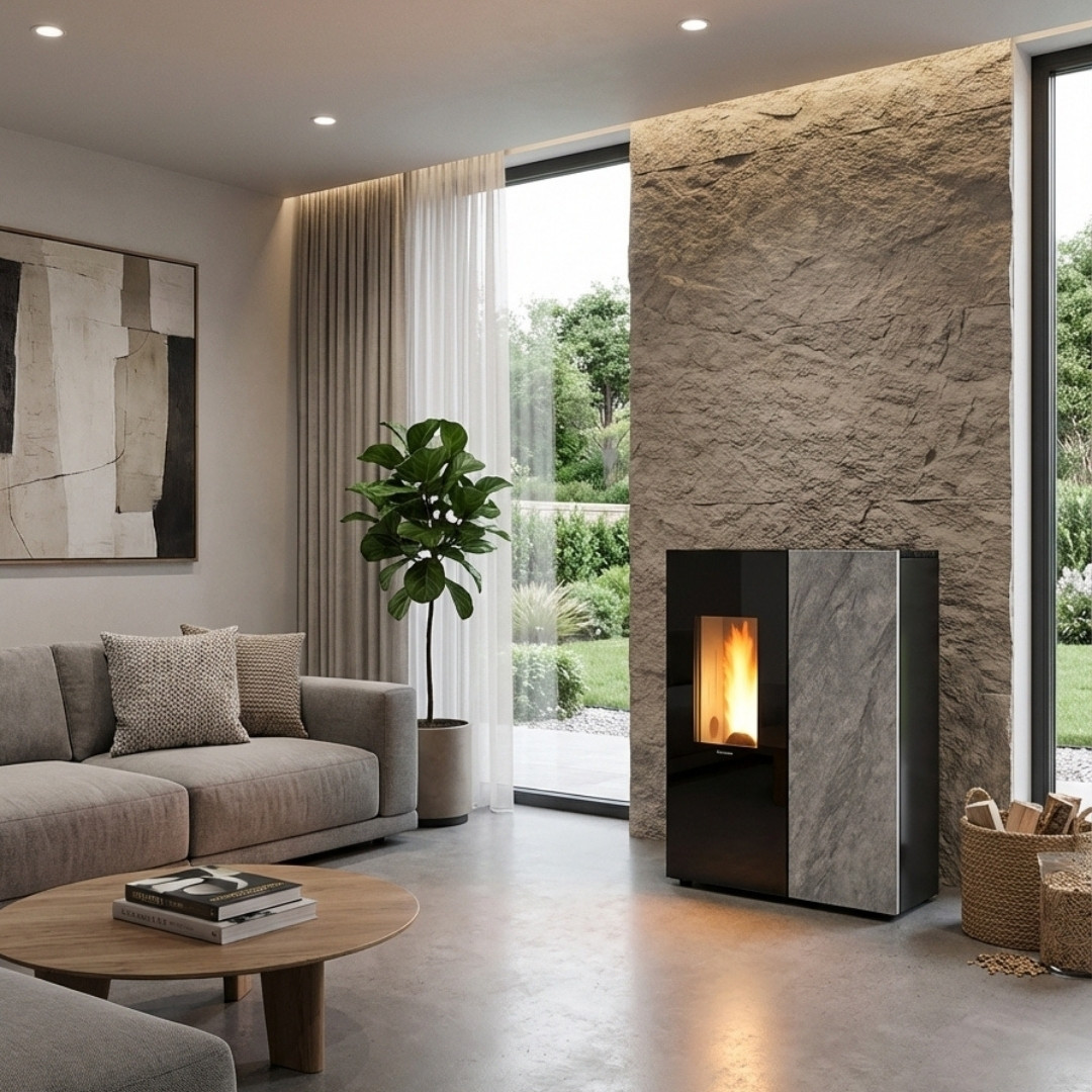 Poêle à granulés Sharon Plus CX 10 kW design noir et gris installé dans un salon moderne