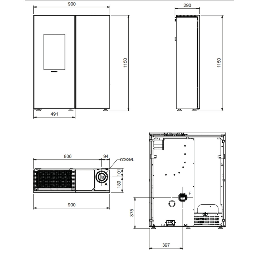 Plan technique et dimensions du poêle à granulés étanche Sharon Plus CX 10 kW canalisable