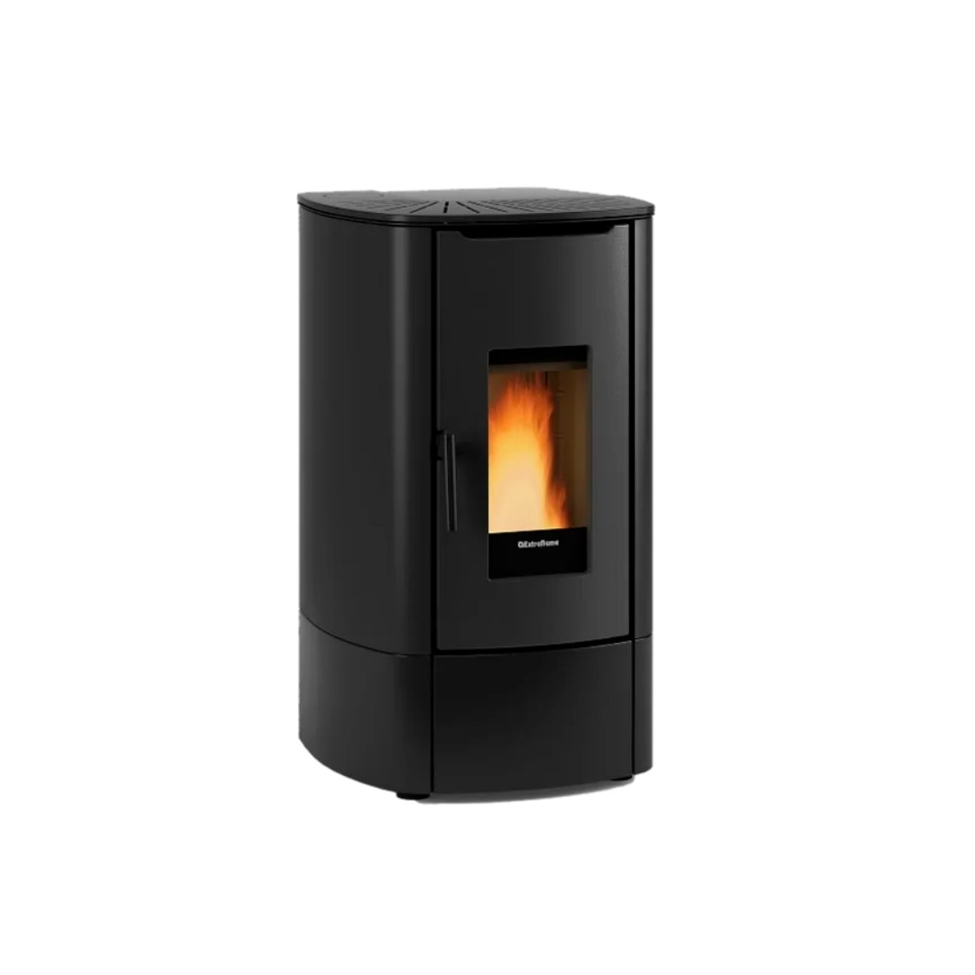 Poêle à granulés étanche Angy Top 7 kW noir avec vitre panoramique et design arrondi