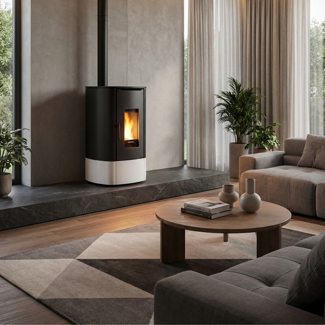 Poêle à granulés Angy Top 7 kW noir et blanc allumé dans un salon moderne avec conduit apparent