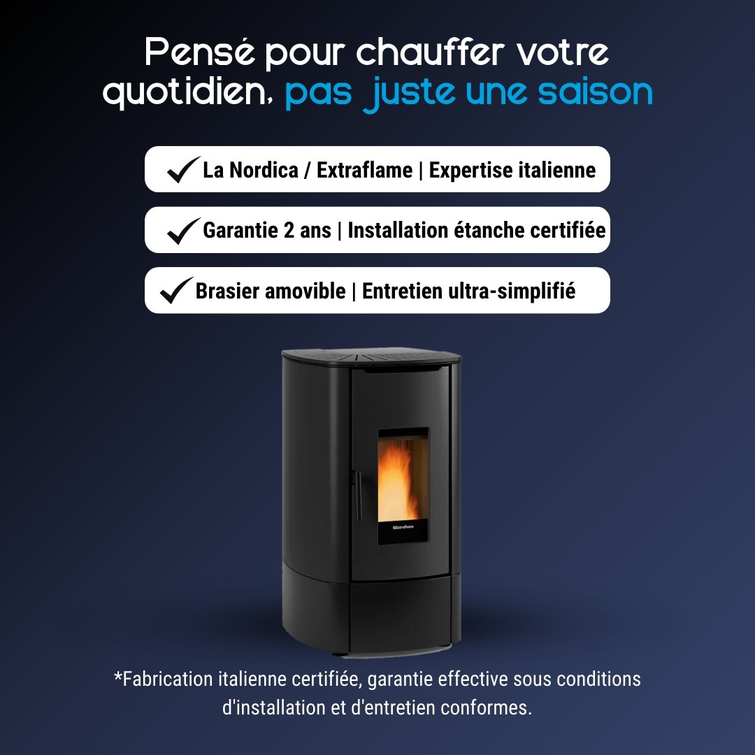 Poêle à granulés Angy Top 7 kW design noir avec brasier amovible et installation étanche certifiée