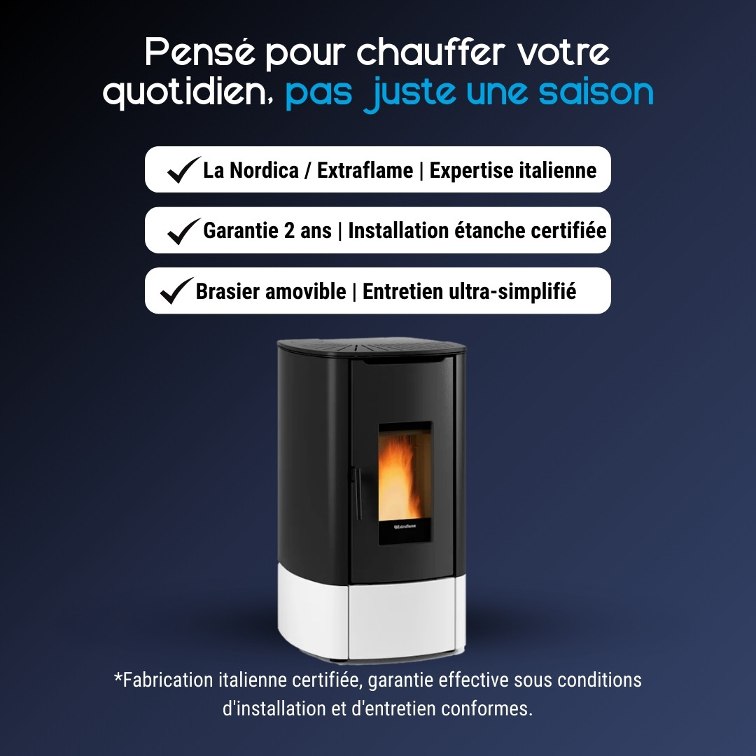 Poêle à granulés Angy Top noir et blanc 7 kW avec brasier amovible et certification étanche