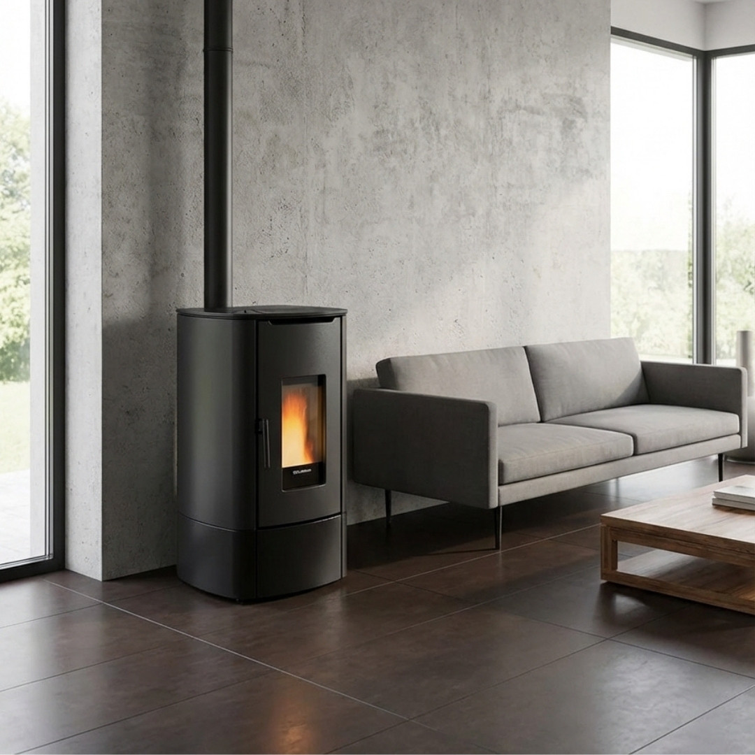 Poêle à granulés étanche Angy Top noir 7 kW installé dans un salon moderne avec conduit apparent