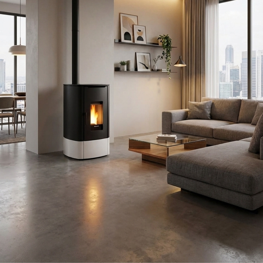 Poêle à granulés étanche Angy Top noir et blanc 7 kW installé dans un salon moderne avec vue urbaine