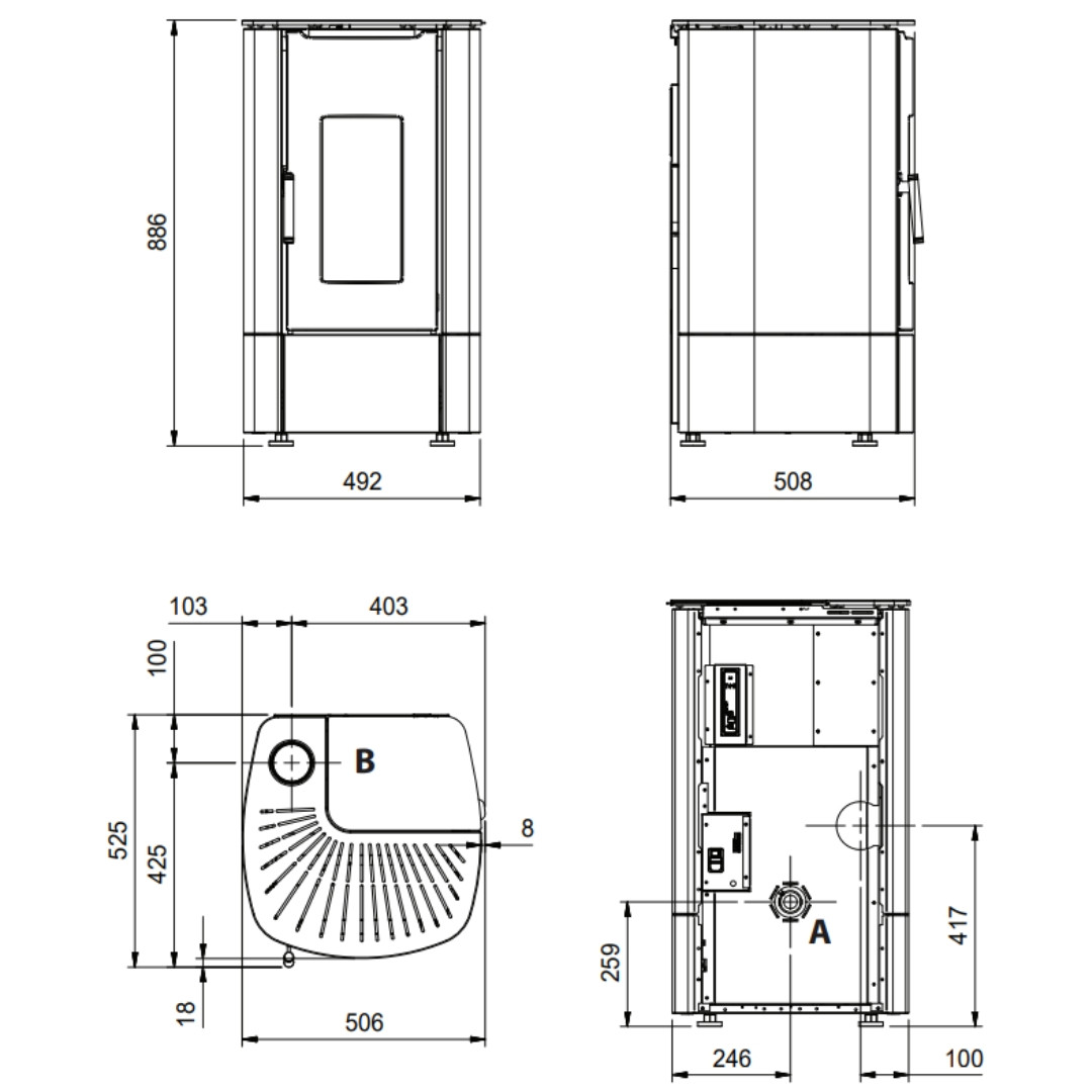 Plan technique et dimensions du poêle à granulés étanche Angy Top 7 kW avec vues face, profil et dessus