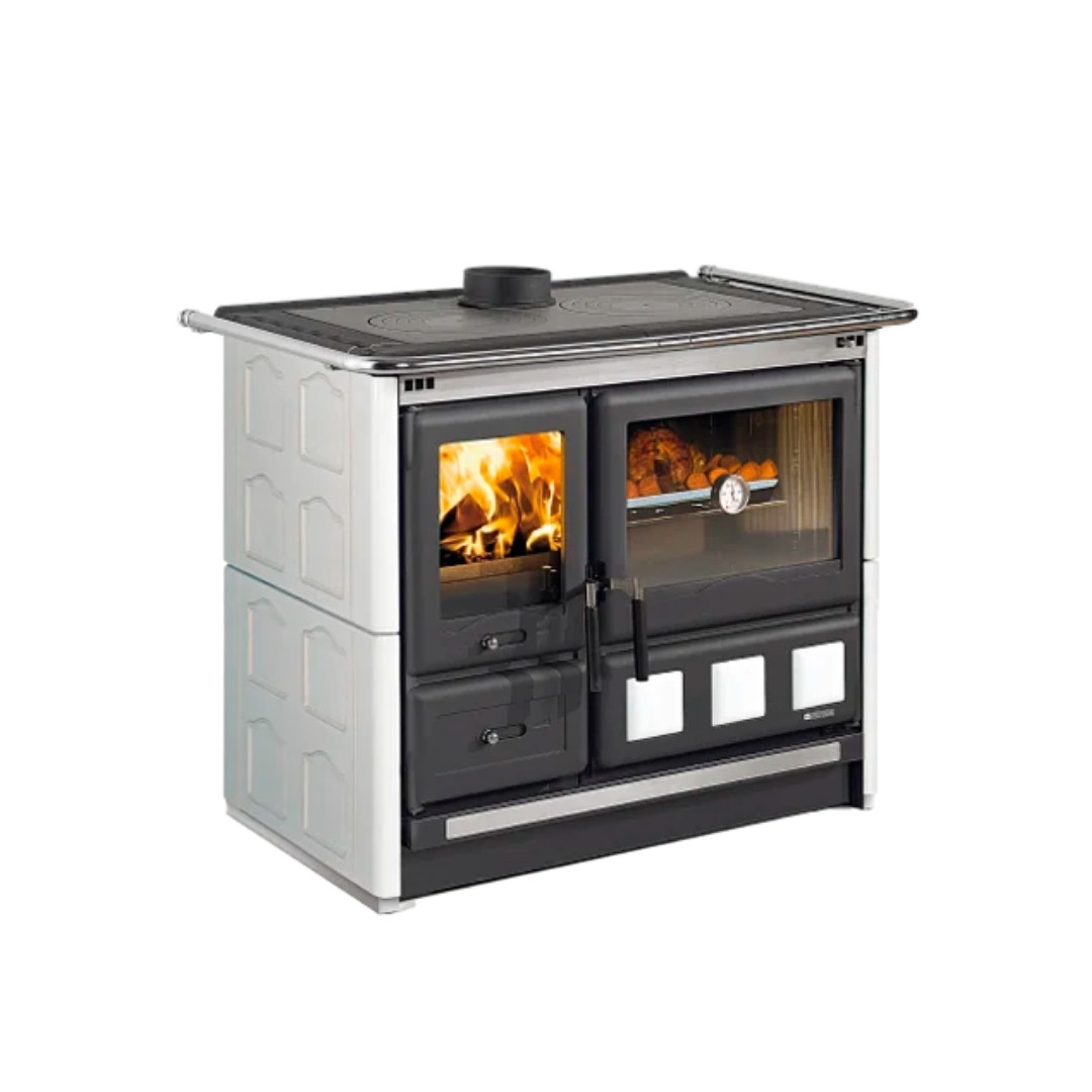 Cuisinière à bois en faïence blanche et noire avec four vitré et plaque de cuisson 11 kW
