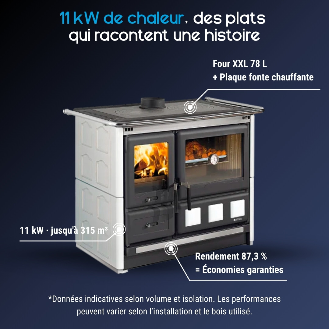 Cuisinière à bois Rosa XXL blanche en faïence avec four 78L et plaque fonte chauffante 11kW