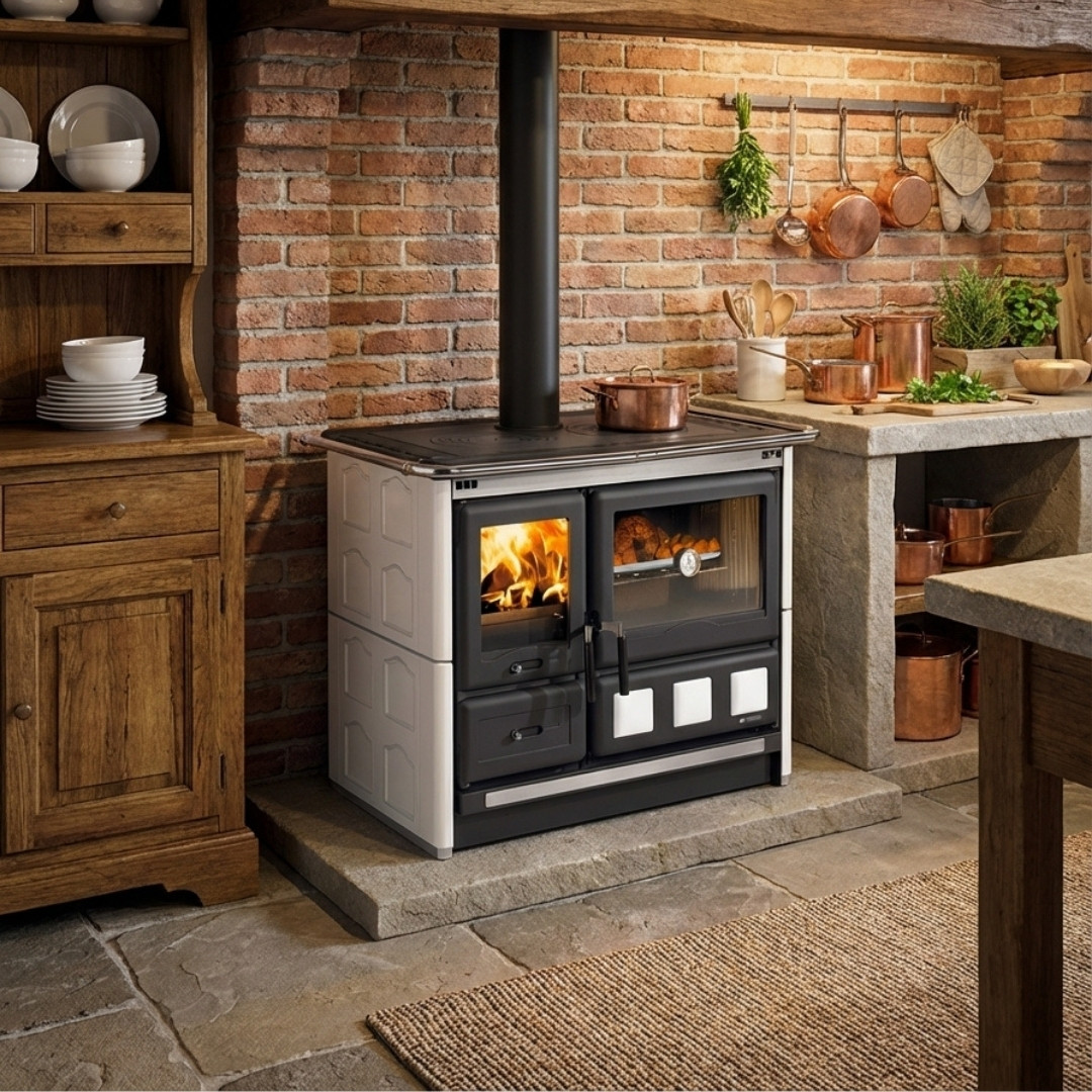 Cuisinière à bois Rosa XXL blanche avec plaque de cuisson et four vitré installée dans cuisine rustique