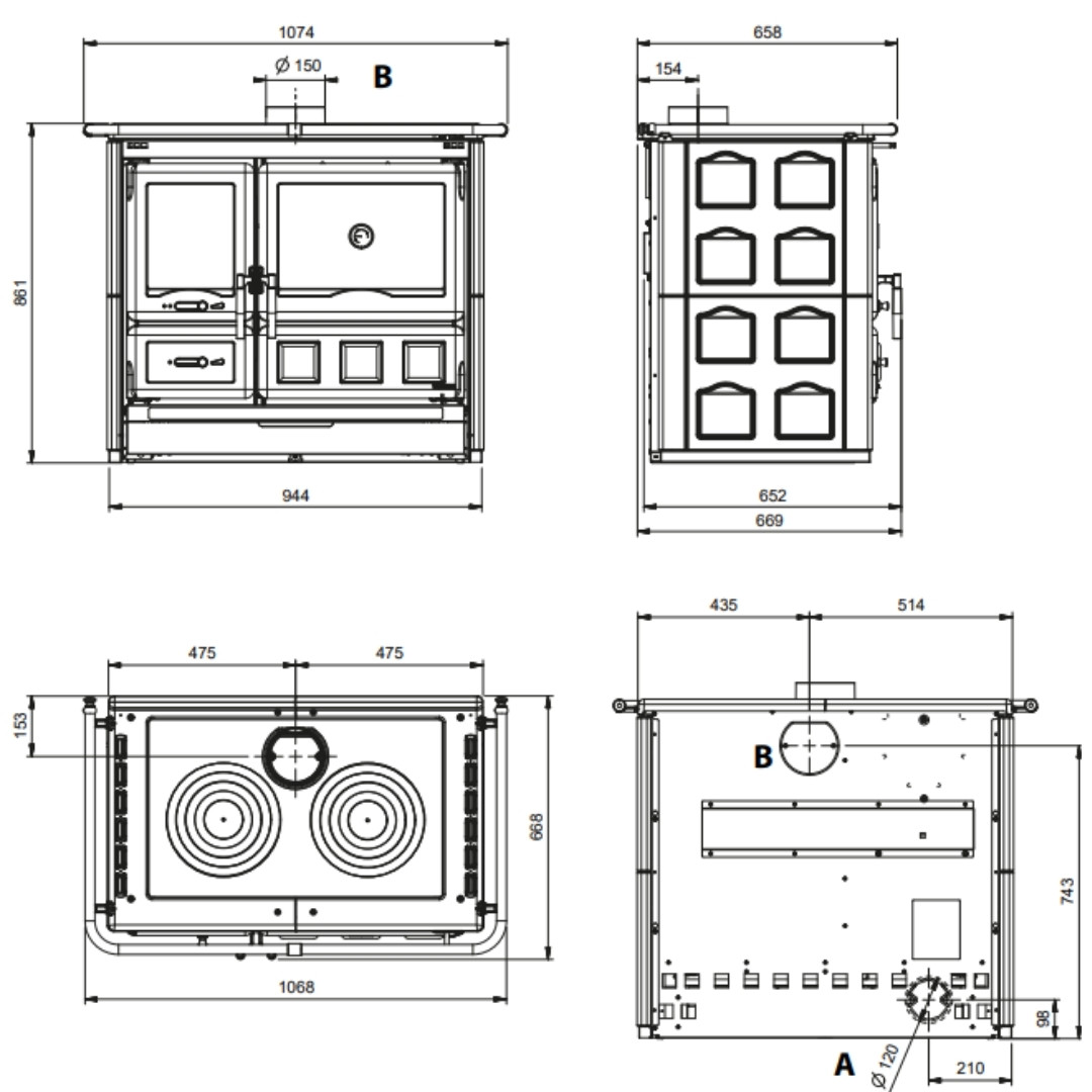 Plan technique et dimensions de la cuisinière à bois Rosa XXL Maiolica vue de face, côté, dessus et arrière