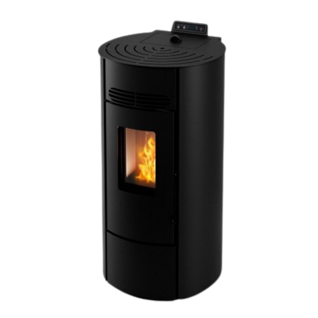 Poêle à granulés Linea VZ Flute noir 8 kW avec panneau de commande digital et foyer allumé