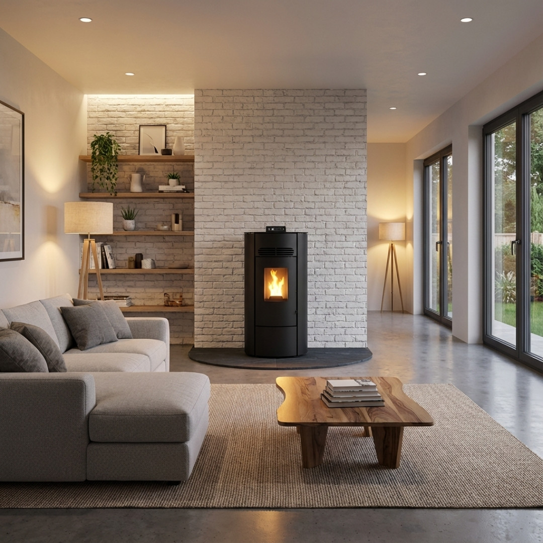 Poêle à granulés noir Linea VZ Flute 8 kW installé dans salon moderne avec mur en briques blanches
